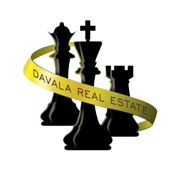 Davala Real Estate Logo (3 black chess pieces wrapped by yellow banner with business name)