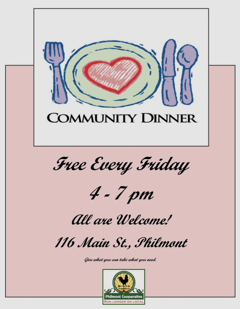 Flyer for Friday Night Free Community Dinner at the Philmont Cooperative | 4-7pm
