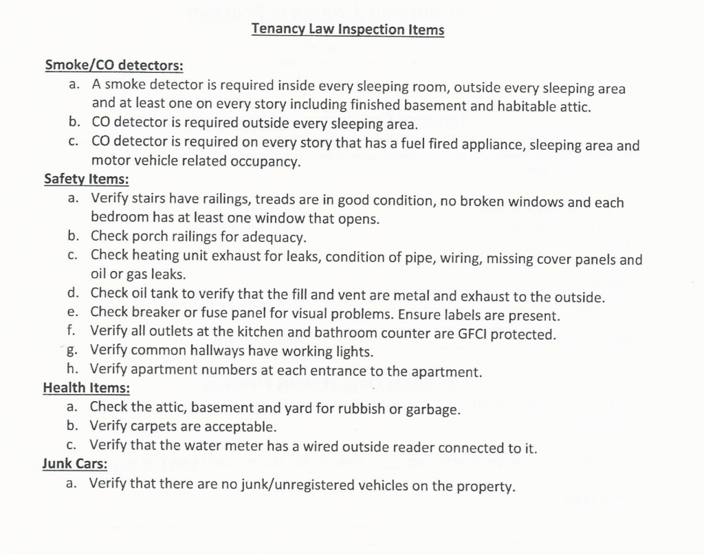 A list of items that will be inspected
