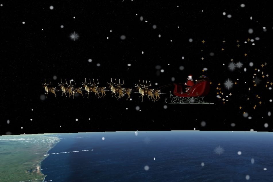 Santa and his reindeers traveling across a star-filled night sky
