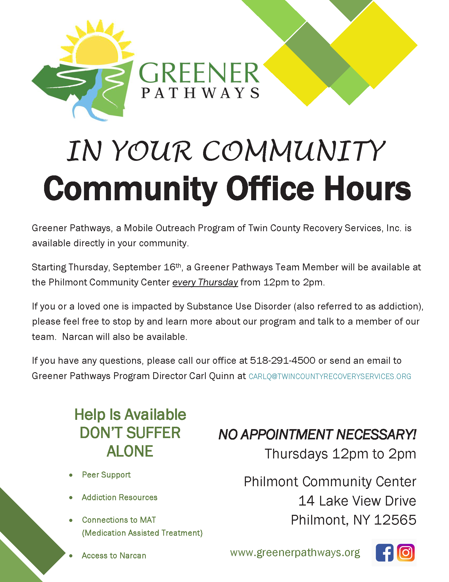 Flyer: Philmont Community Office Hours for Greener Pathways