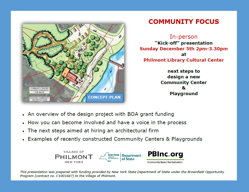 Community Center & Playground Redesign Kick-off Presentation Poster for all Sunday December 5 at 2-3:30pm