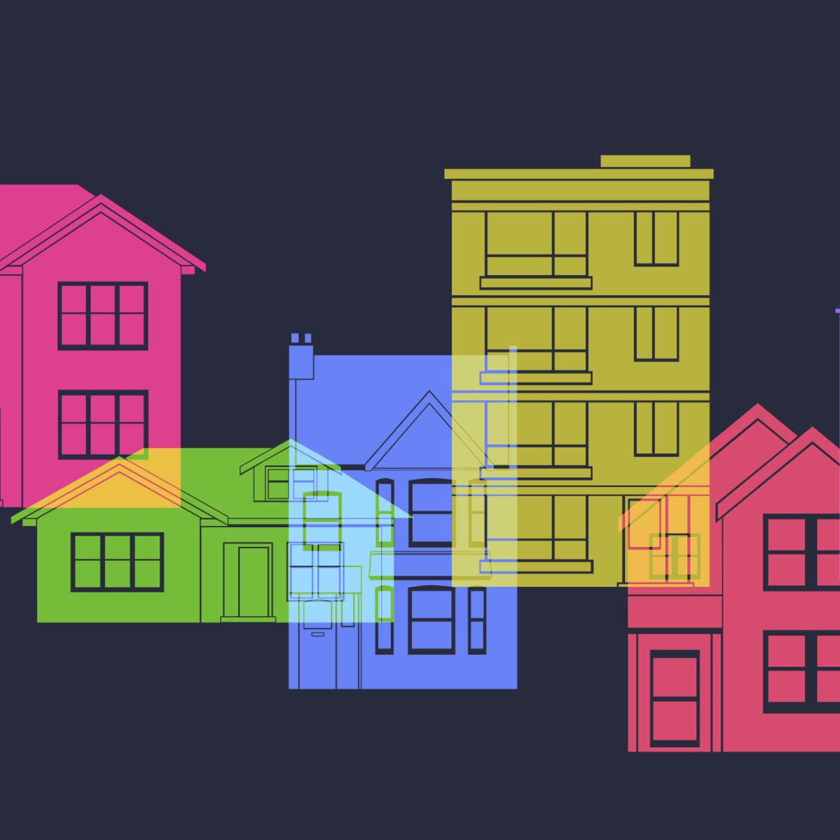 An image of colored houses on a black background