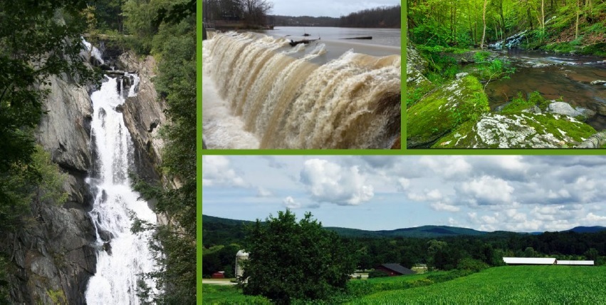 A collage of images of High Falls, Summit Lake damn, the sluice, and farmland.