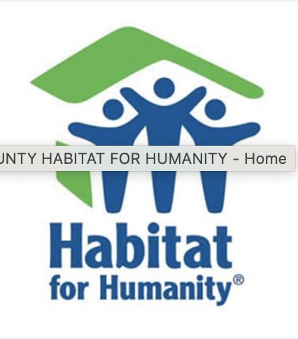 Three blue stick figures underneath a green roof over the words Habitat for Humanity