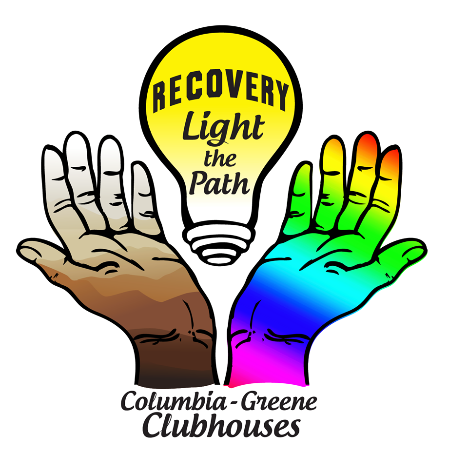 Columbia-Greene Youth Clubhouse logo of a yellow lightbulb between an open palm of shades of brown and another open palm in the tones of a rainbow.