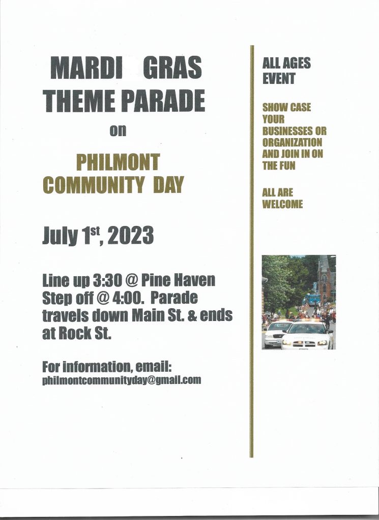 Poster with black and beige lettering announcing the July 1st mardi-gras themed community day parade