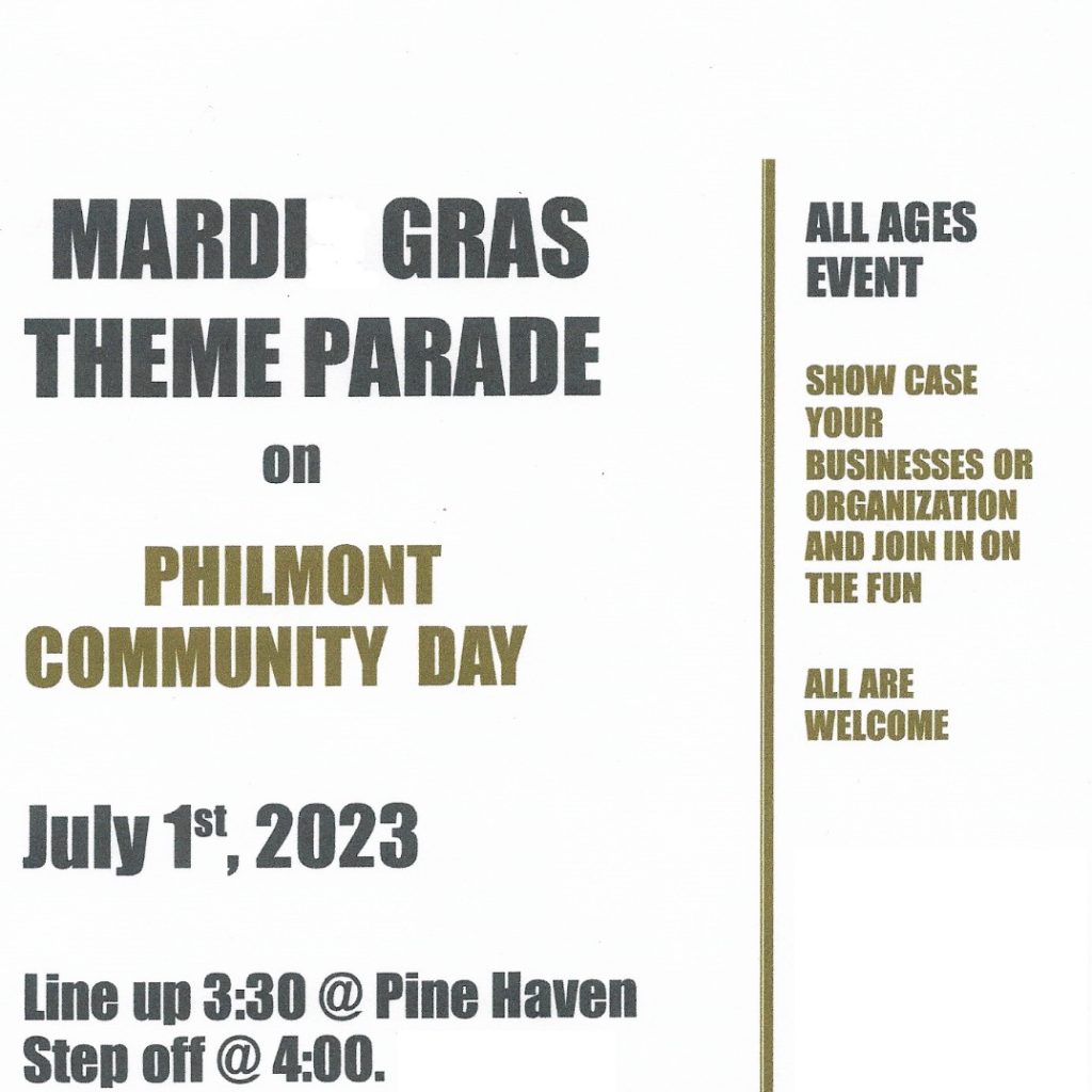 Poster with black and beige lettering announcing the July 1st mardi-gras themed community day parade