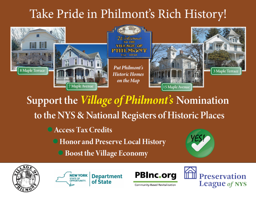 Poster with pictures of four homes and a welcome to Philmont sign over a brown background.