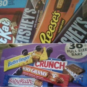 Candy bar wrappers of different brands and colors