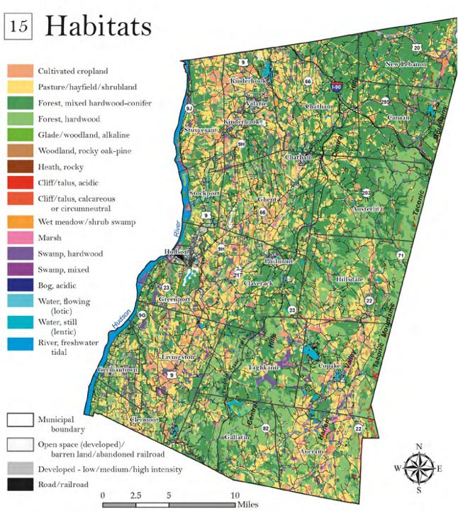 Map of Columbia County showing numerous color-coded habitats such as cultivated cropland, pasture, forrest, woodland, bog, swamp, marsh, rivers.