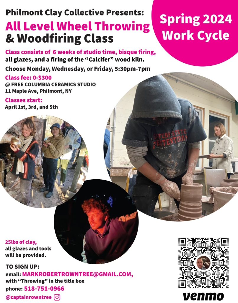 A poster with 3 circles showing people making pots on a pottery wheel and taking wood-fired pots out of a kiln with pink and black text.