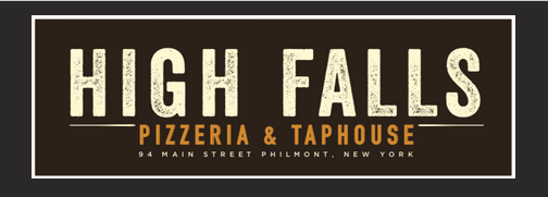 White and yellow "High Falls Pizzeria & Taphouse" logo text over black background.