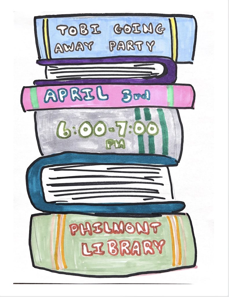 A stack of hand-drawn books of different sizes, in light blue, purple, pink, gray, dark blue and green with party details.