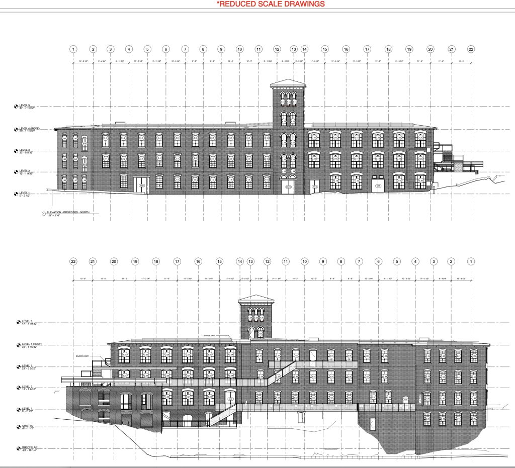 Two grey and white Illustrations of a mill building against a grid.