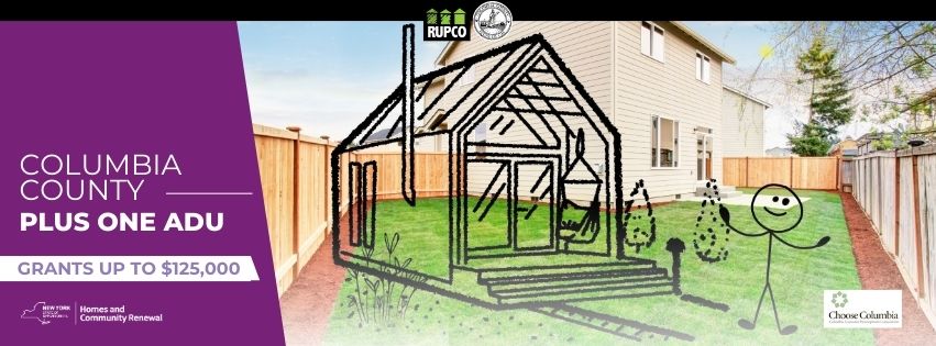 Flyer with an image of a house in the background and a smaller drawn house in the foreground with a smiling stick standing outside.