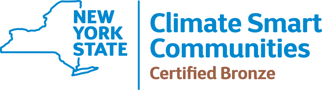 Logo with shape of New York and text in blue on the left and Climate Smart Communities in blue and Certified Bronze in brown on the right