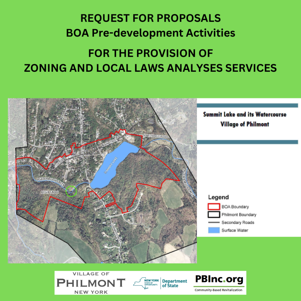 Poster with green background and map of Philmont outlined in red announcing RFP for zoning and local laws analyses services.