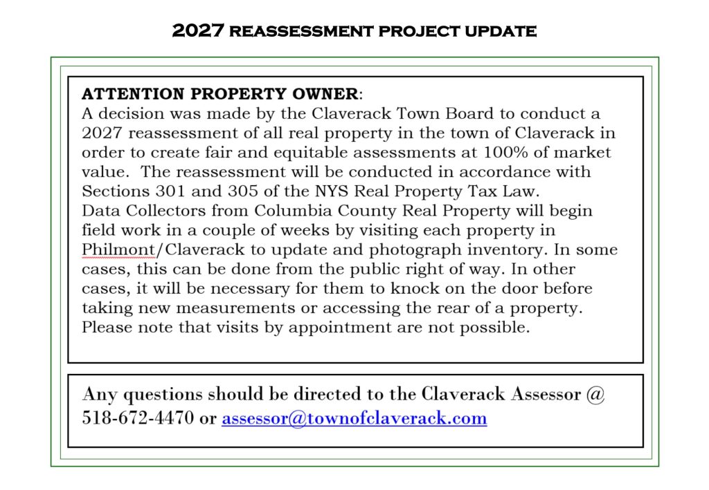 Notice of 2027 Claverack/Philmont, NY Real Property Reassessment. Black text on white background.