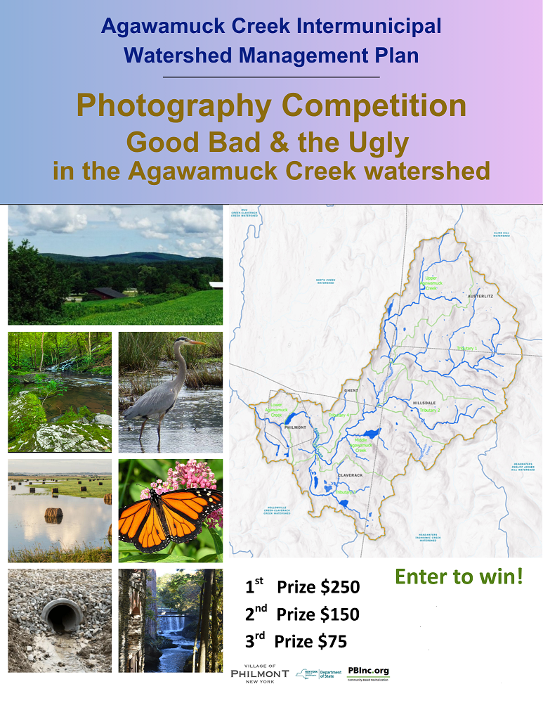 Poster with purple header, a grid of natural poems on the left and a map on the right showing the tributaries of a waterway.