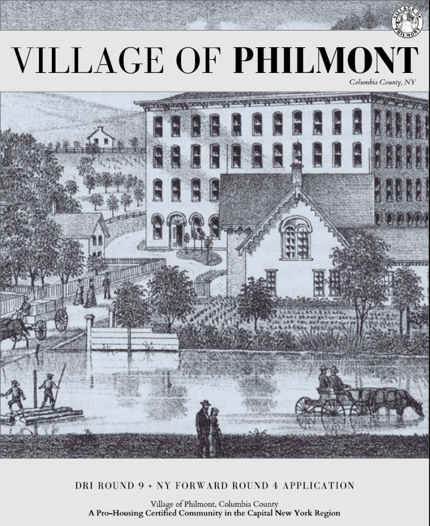 Illustration of a Mill Town showing a Mill behind a body of water and trees.