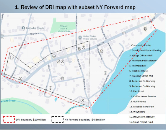 Map showing dashed boundary line around the downtown and list of development projects.