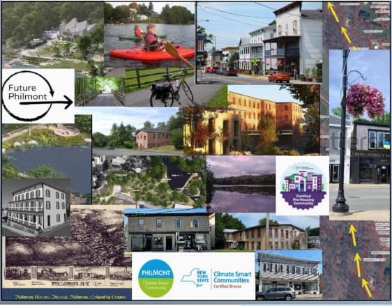 Picture grid of buildings, lakes, flowers, and people canoeing.