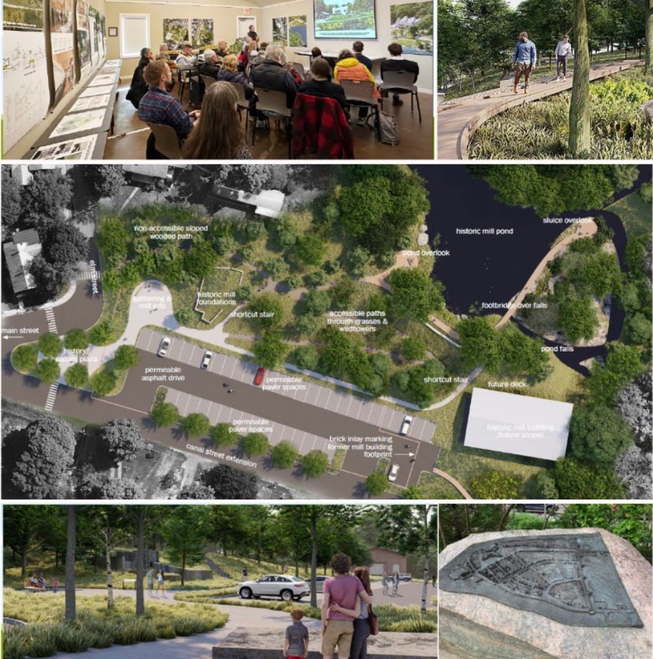 Photo grid of parking lot planning document; people sitting in a room watching a presentation; and people walking through a parking lot with green spaces.