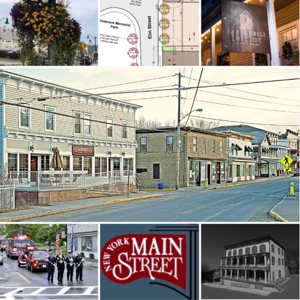 Photo grid showing rendering of Main Street, a Main Street parade; and Main Street businesses and signs.