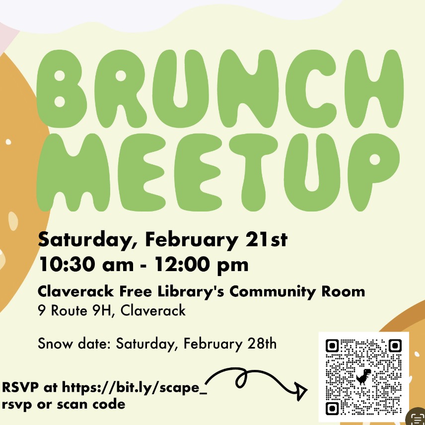 Poster with green writing on yellow background advertising Brunch Meetup with place and time.
